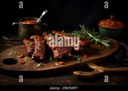 Perfectly grilled pork ribs drizzled with sauce, presented in a rustic food composition. Stock Photo