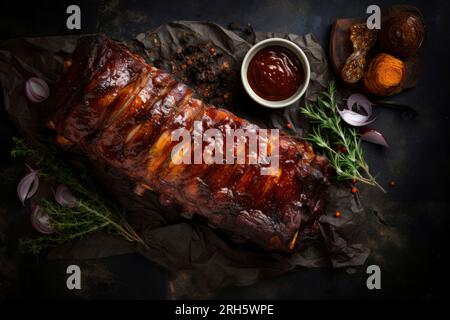 Perfectly grilled pork ribs drizzled with sauce, presented in a rustic food composition. Stock Photo