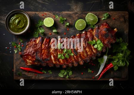 Perfectly grilled pork ribs drizzled with sauce, presented in a rustic food composition. Stock Photo