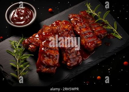 Perfectly grilled pork ribs drizzled with sauce, presented in a rustic food composition. Stock Photo