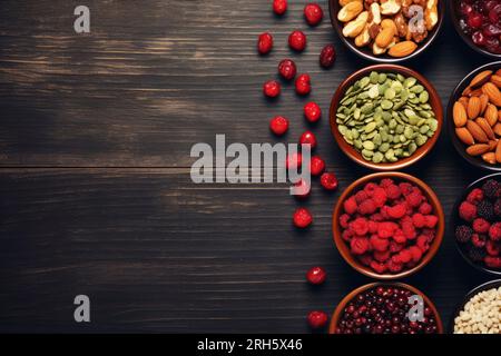 An overhead shot capturing a diverse selection of healthy foods, leaving room for text. Stock Photo