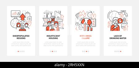 Problems of overpopulation and economy - line design style banners set Stock Vector