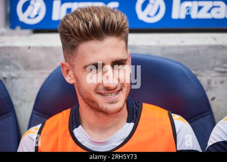 Robert Navarro of Real Sociedad in action during the La Liga EA Sports match between Real Sociedad and Girona FC at Reale Arena Stadium on August 12, Stock Photo