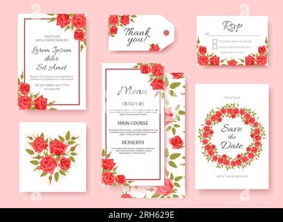 A set of elegant bright templates for the wedding. Red roses. For invitation, rsvp, save the date, frames, postcards in vintage style, design elements Stock Vector