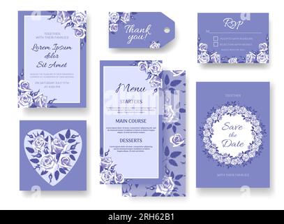 Set of bright modern wedding templates. Elegant purple roses. For invitation, rsvp, save the date, frames, postcards in vintage style, design elements Stock Vector