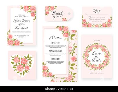 A set of classic templates for a wedding. Elegant pink roses. For invitation, rsvp, save the date, frames, vintage style cards, design elements. Stock Vector