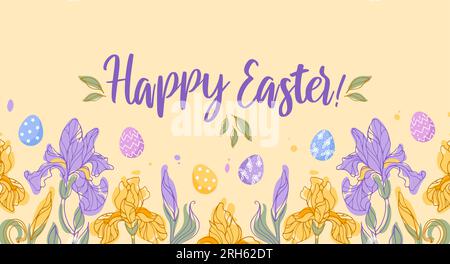 Horizontal border of iris flowers. Irises and chocolate colorful eggs. Delicate spring flowers. Botanical illustration for banners, printing on fabric Stock Vector