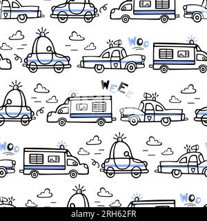 Seamless pattern of police cars. Vector doodle illustration for boys in scandinavian style. The police siren is wailing. Transport, cars go on the roa Stock Vector