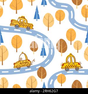 Cute cartoon yellow retro taxi drives along the road in the autumn wood. Childrens cartoon illustration scandinavian style. For boys, nursery, wallpap Stock Vector