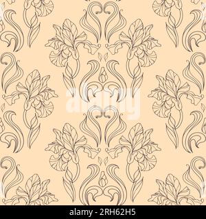 Graceful vintage iris flowers on a beige background. Vector illustration in classic style. Seamless damask pattern. Floral illustration for wallpaper, Stock Vector