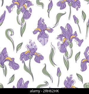 Seamless pattern of modern bright iris flowers on a white background. Botanical vector illustration in hand drawn style for nursery, wallpaper, printi Stock Vector