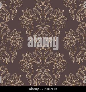 Golden graceful iris flowers. Vector illustration of art nouveau, modern. Seamless vintage damask pattern. Botanical illustration for wallpaper, fabri Stock Vector