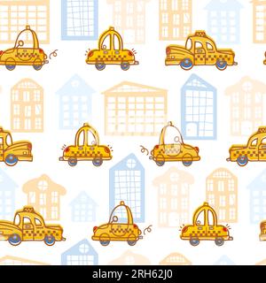 Funny cartoon yellow vintage taxi rides on the road in the city among the houses. Childrens cartoon in scandinavian style. For boys, nursery, wallpape Stock Vector