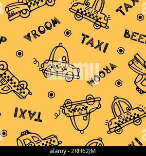 Vintage yellow taxi cars seamless pattern. Doodle vector illustration for boys in a scandinavian style. Transport, machine. For boys, nursery, wallpap Stock Vector