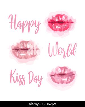 Vector illustration of delicate pink lips with the inscription Happy World Kiss Day. Cute postcard in a watercolor style. For postcard, gift, banner, Stock Vector