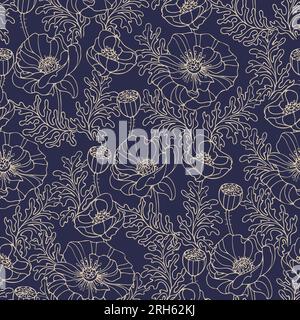 Summer flower poppy meadow. Seamless pattern on a dark blue background. Graceful flowers. Modern illustration in hand-drawn style. For textile, packag Stock Vector