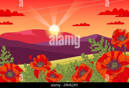 Beautiful evening summer landscape. Slope with blooming poppies. Mountains and the sunset sky in the clouds, the setting sun. Vector illustration for Stock Vector