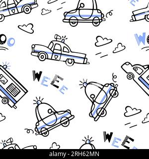 Seamless pattern of police cars. Vector doodle illustration for boys in scandinavian style. The police siren is wailing. Transport, car fly in the clo Stock Vector