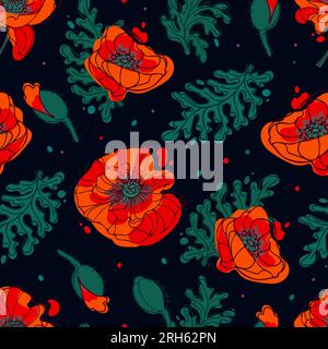 Contrasting poppy flowers and leaves on a dark background. Bright dramatic pattern. In black and red colors. Botanical illustration for wallpaper, fab Stock Vector