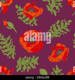 Poppy flowers and leaves on a purple background. Bright summer pattern. In warm colors. Botanical illustration for wallpaper, background, fabric, wrap Stock Vector