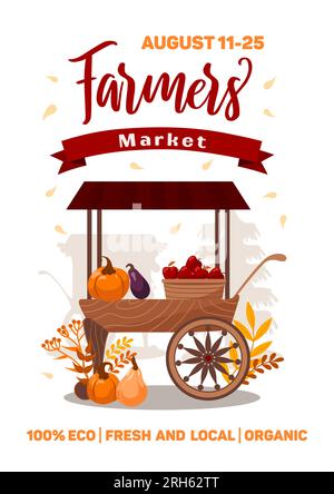 Farmers market banner. Carts with seasonal vegetables and fruits. Fresh local organic food. Pumpkins, eggplants, apples. Stall counters, autumn fairs. Stock Vector