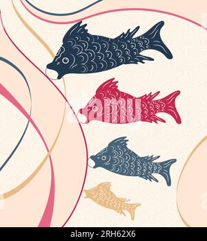 Koinobori is a Japanese ornament, a windsock, with a carp pattern. Vector illustration for Japanese childrens day. For posters, postcards, banners, pr Stock Vector