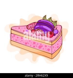 Appetizing mousse cake with cherries, strawberries, macaroons. Modern vector illustration in sketch style. international cake day. For cookbooks, stic Stock Vector