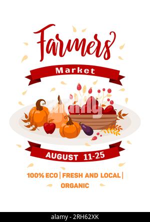 Farmers market banner. Seasonal vegetables and fruits. Fresh local organic food. Pumpkins, berries, eggplants, apples in a basket. Stall counters. Vec Stock Vector