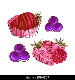 Appetizing set of blueberries, raspberries, strawberries. Vector food illustration in sketch style. sweetest day. National Strawberry Day. For sticker Stock Vector