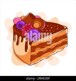 Appetizing chocolate cake with blueberries, raspberries and caramel. Modern vector illustration in sketch style. international cake day. For cookbooks Stock Vector