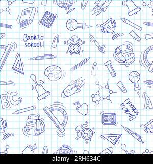 Back to school. Seamless pattern in sketch style. A sheet from a notebook with drawings. Writing utensils - pens, pencils and rulers. For wallpaper, p Stock Vector