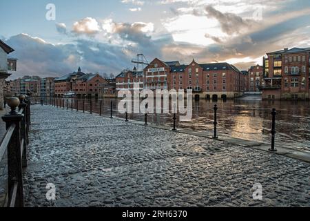 Looking accross the River Ouse from the cobbled King's Staith to Woodsmill Quay on Queen's Staith on the opposite bank, York, England Stock Photo