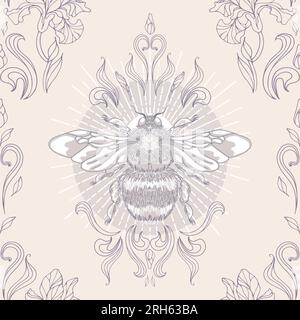 Shining bumblebee, sun rays, herbs and leaves. Seamless pattern in vintage style. Halloween, magic, witchcraft, astrology, mysticism. For wallpaper, p Stock Vector