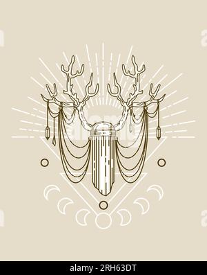 Deer antlers, crystal, sun rays, moon phases. Vector illustration in ethnic style. Halloween, magic, witchcraft, astrology, mysticism. For logo, poste Stock Vector