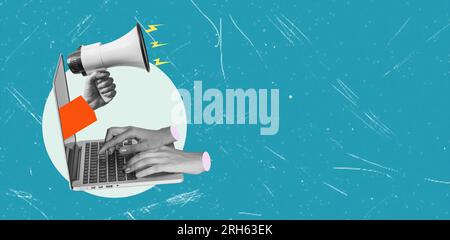 Shouting out your own thoughts online. Man with megaphone in laptop. Modern design, contemporary art collage. Inspiration, idea, trendy urban magazine Stock Photo