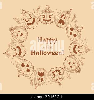 Vintage Halloween round frame of Jack o lantern. Pumpkins in hand drawn style with scary and funny faces on a beige background. Earthy tones. For stic Stock Vector