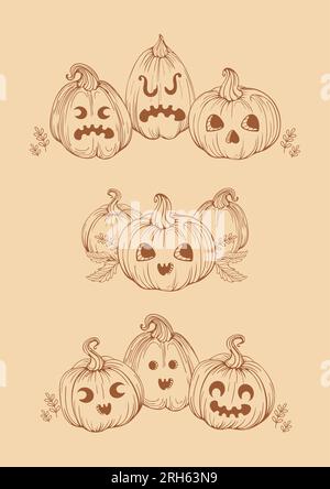happy halloween. Jack o lantern. A set of vintage pumpkins with funny, frightening and cheerful faces, autumn leaves, stars. For stickers, posters, po Stock Vector