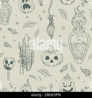 Vector seamless pattern cute illustration graphic drawing vintage style for Halloween. Pumpkin jack lantern. Magic crystals, witch potions. For wallpa Stock Vector