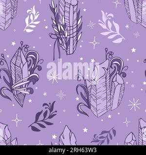 Amethyst crystals seamless pattern. Purple stones with plant twigs. The magic of herbs and minerals. ritual amulet. Vintage illustration in boho style Stock Vector