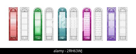 Stained Church glass worksheets. Set of five different windows. Stock Vector
