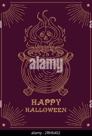 Happy halloween. Witchs cauldron with bubbling potion. Toxic vapor in the form of a skull. Retro lettering with bones. Vintage illustration in engravi Stock Vector