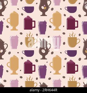 International Coffee Day. Hot drinks. Seamless pattern with silhouettes of coffee, cocoa, cappuccino. In warm earthy tones. For wallpaper, fabric, wra Stock Vector