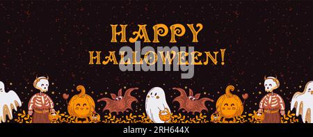 Happy Halloween. Cute ghosts, a skeleton, a pumpkin and a bat are caroling. Cartoon style. Horizontal seamless border. Autumn leaves, stars. Vintage f Stock Vector