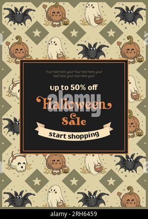 Happy halloween sale banner. Adorable halloween characters. Cute ghosts, skeleton, pumpkin and bat are caroling. Trick or treat. Vintage lettering. Fo Stock Vector
