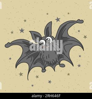 Cute vampire bat for halloween. Cartoon child character. black silhouette. forest animal. Night, stars. Vintage aged background. For stickers, posters Stock Vector