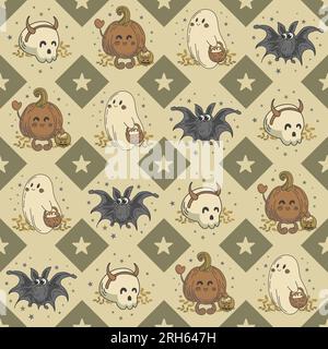 Seamless pattern of adorable halloween characters. Cute ghosts, skeleton, pumpkin and bat are caroling. Trick or treat. jack o lantern. For wallpaper, Stock Vector