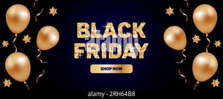 Black Friday. Sale horizontal banner with sparkling inscription made of glitter and sequins. Flying golden balloon, ribbons, stars. dark background. F Stock Vector