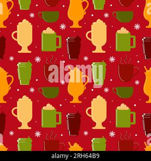 Hot winter drinks. Seamless pattern with silhouettes of coffee, cocoa, cappuccino. White snowflakes on a red background. In festive Christmas colors. Stock Vector