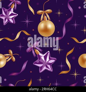 Christmas ornament balls, garlands, satin bows and stars. Vector illustration, seamless pattern, realistic style. In purple and gold tones. For wallpa Stock Vector