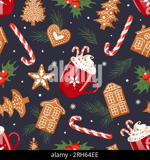 Christmas pattern. Hot chocolate with whipped cream, gingerbread in the form of snowflakes, houses, hearts. Holly and tree. Candy cane. For wallpaper, Stock Vector